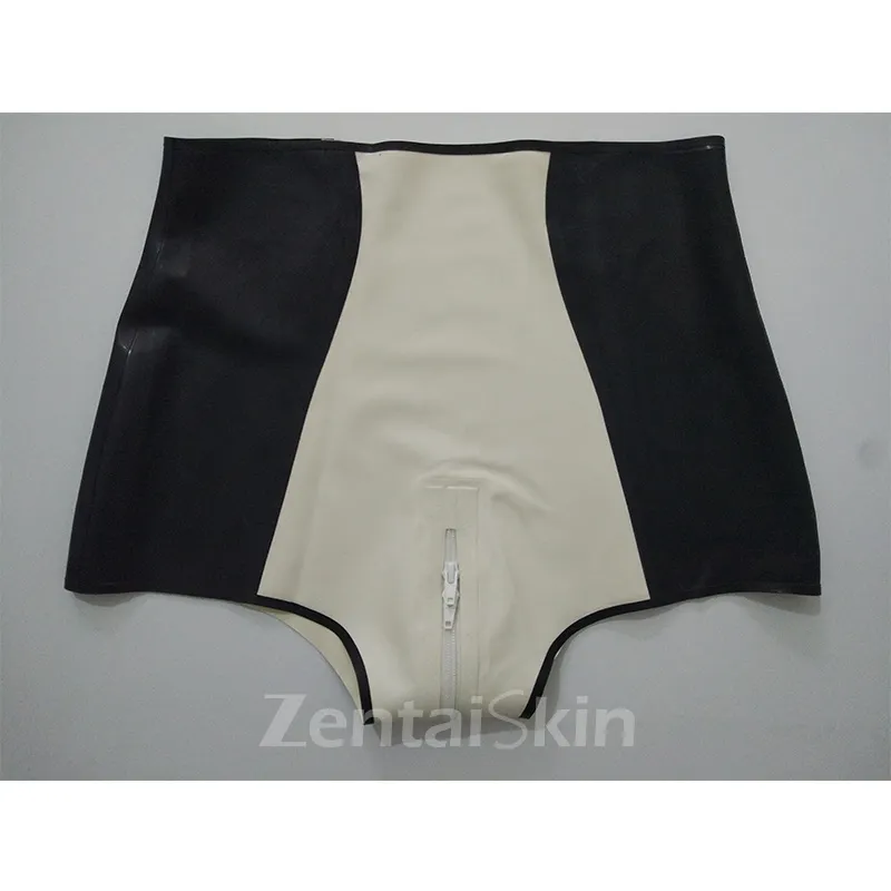 Second Skin Natural Latex Women Underwear Spliced Crotch Zipper Latex Slim Briefs Shorts
