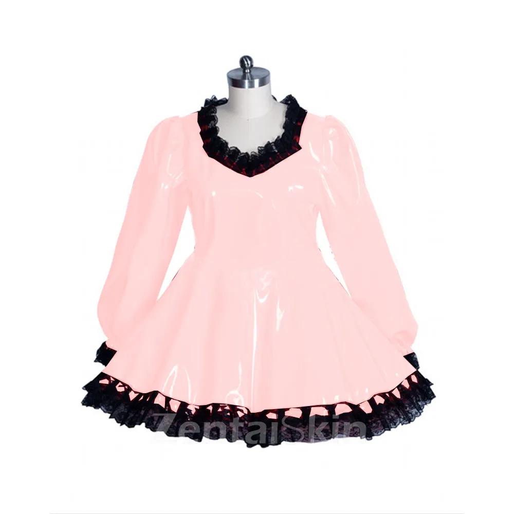 Second Skin Women Dress Lace Latex Look Wet Look Dress Maid Wetlook PVC Sexy Costumes Lockable Lolita Long Sleeve Dress
