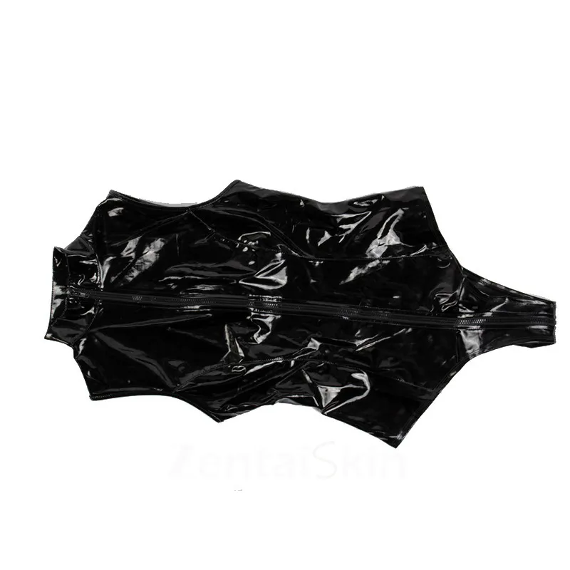 Second Skin Red Black Latex Look Bodycon Bodysuit Zipper Wetlook Leotard PVC Jumpsuit