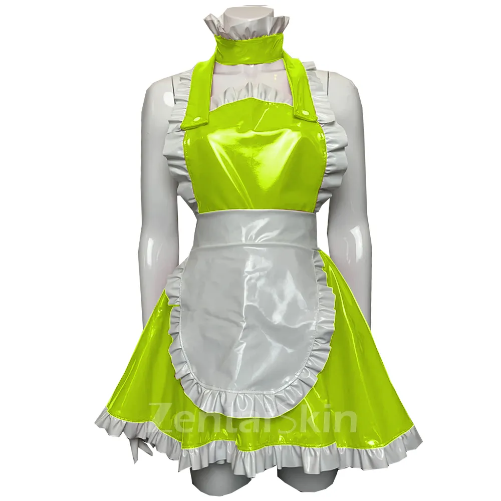 Second Skin Latex Look Maid Kitchen Cooking Dress Cosplay Ruffled Princess Wetlook PVC Dress with Apron