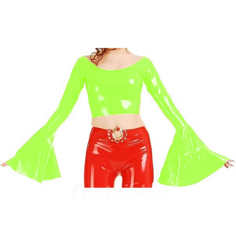 Second Skin Women O-neck Tops Long Flared Sleeve Shirt Wetlook PVC Short Coats