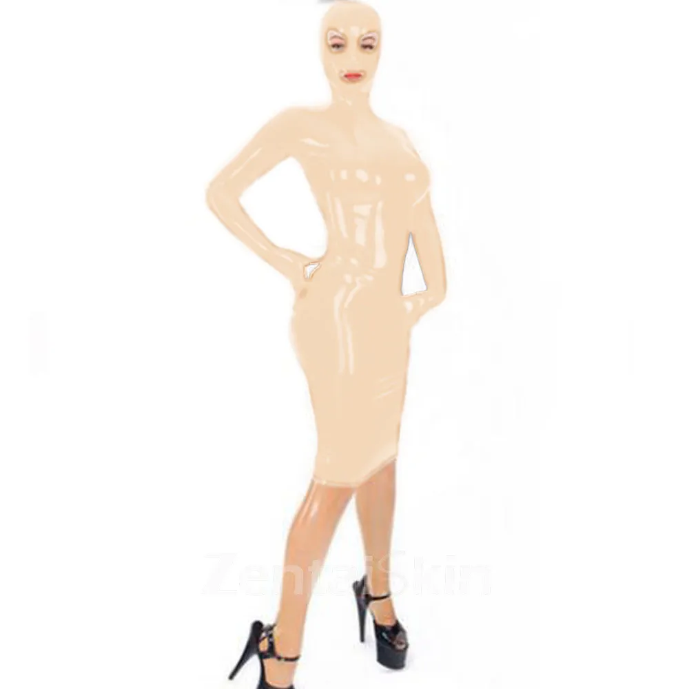 Zentai Second-skin Women Wet Look Skinsuit Wetlook Unitard PVC Hooded Mini Dress Zipper Bondage Dress Wrap Dress with Mask