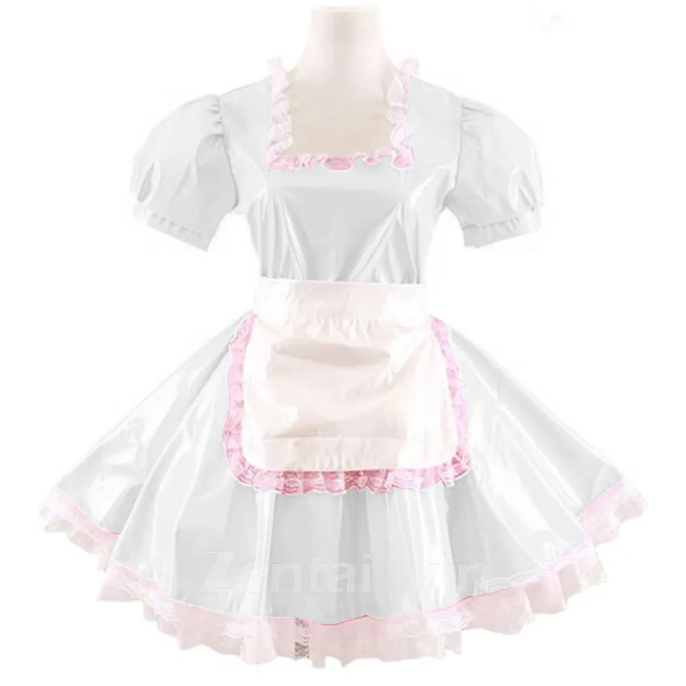 Second Skin French Maid Dress Lace Square Neck Sissy Wetlook PVC Lolita Dresses with Apron