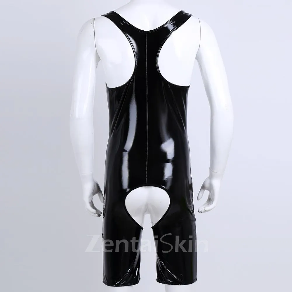 Second Skin Men Sissy Open Crotch Crotchless Bodysuit Wetlook Leotard Teddy Zipper Wet Look Shiny Wetlook Leotard PVC