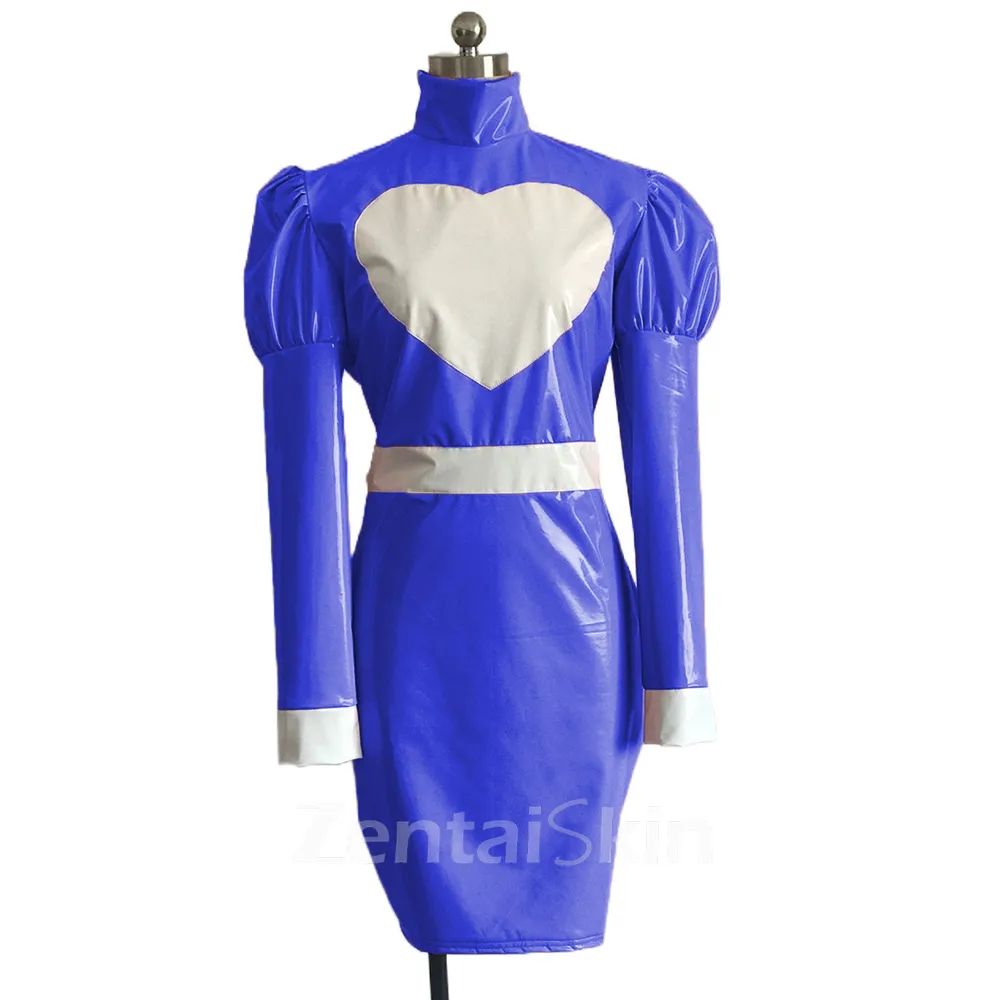 Second Skin High Collar Gothic Dresses Puff Long Sleeve Glossy Wetlook PVC Bodycon Maid Queen Fancy Dress