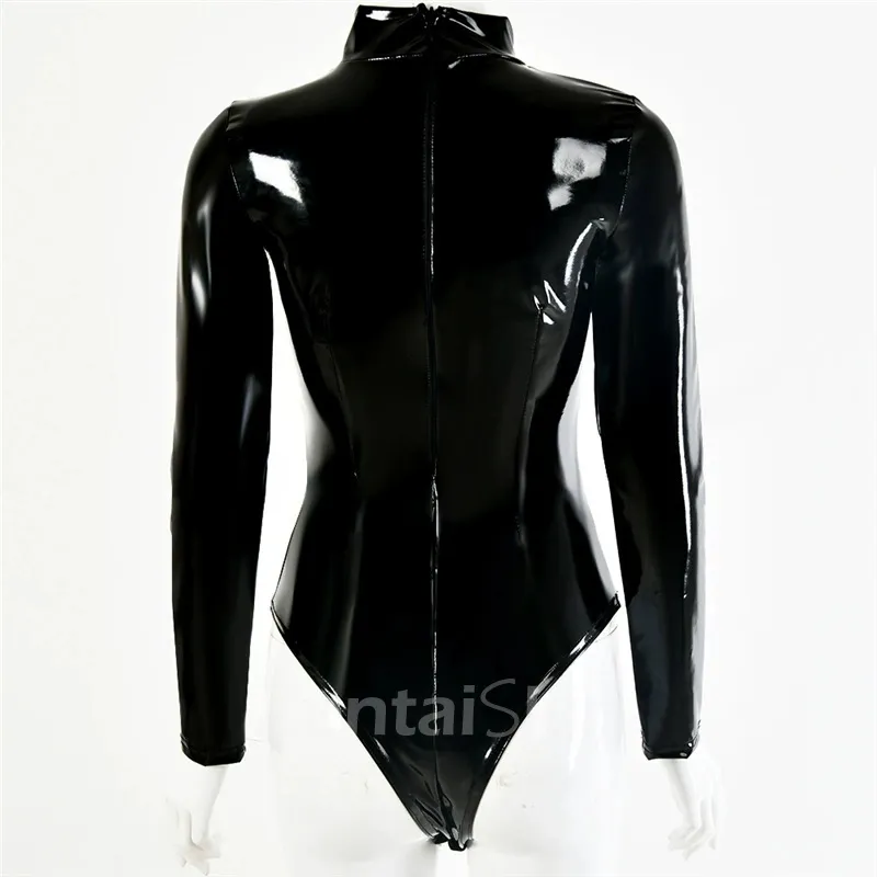 Second Skin Women Long Sleeve Bodysuit Wrap Sexy Wetlook Leotard PVC Bodysuits