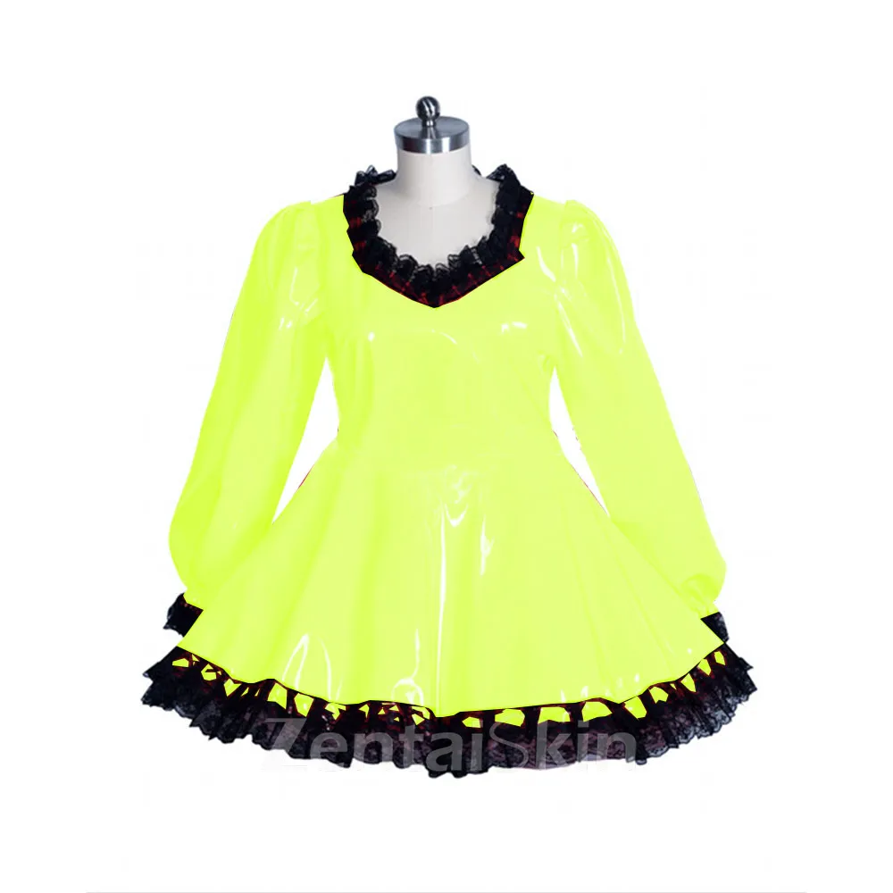 Second Skin Women Dress Lace Latex Look Wet Look Dress Maid Wetlook PVC Sexy Costumes Lockable Lolita Long Sleeve Dress