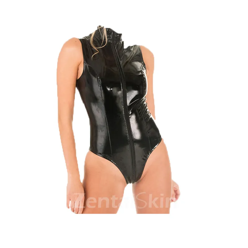 Second Skin Red Black Latex Look Bodycon Bodysuit Zipper Wetlook Leotard PVC Jumpsuit