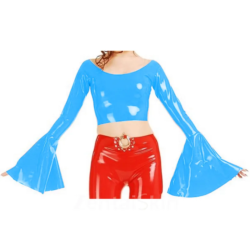 Second Skin Women O-neck Tops Long Flared Sleeve Shirt Wetlook PVC Short Coats