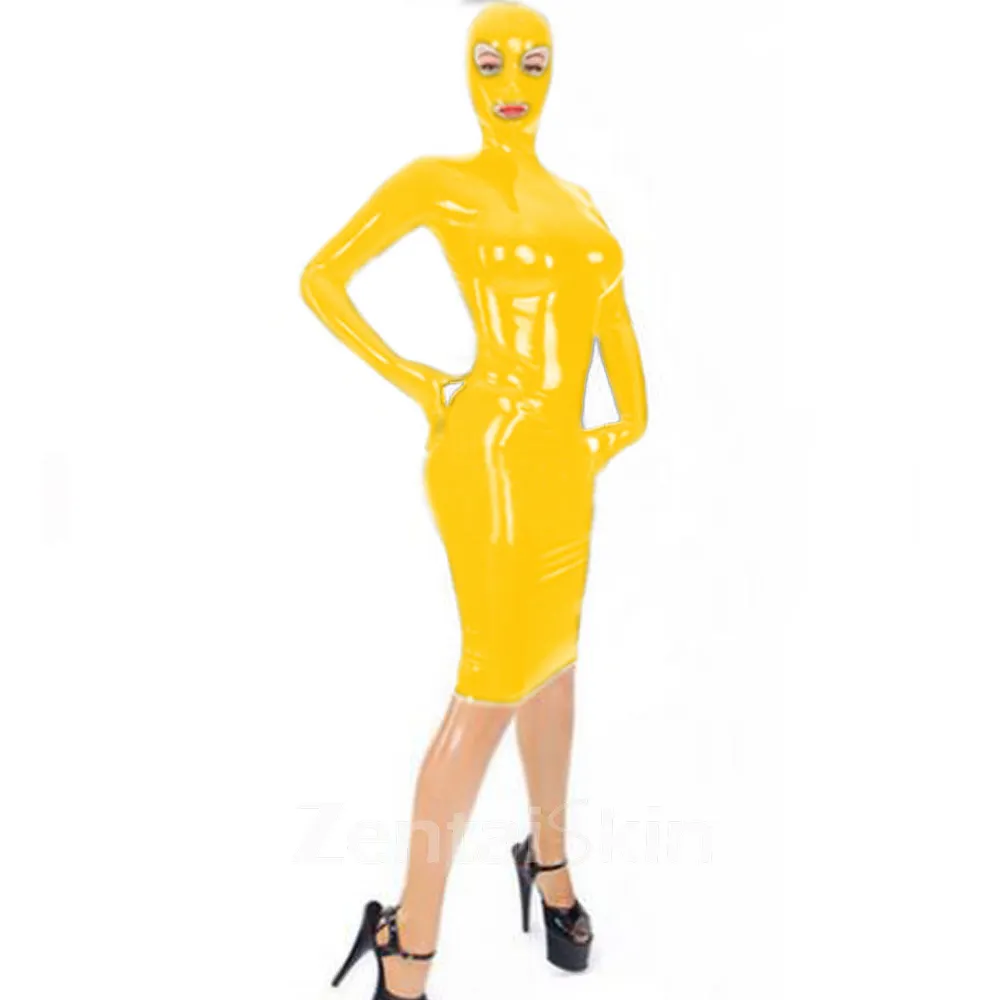 Zentai Second-skin Women Wet Look Skinsuit Wetlook Unitard PVC Hooded Mini Dress Zipper Bondage Dress Wrap Dress with Mask