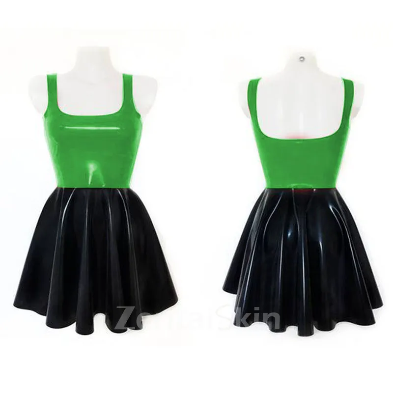 Second Skin Wetlook PVC Dresses Women Summer Splicing Color A-line Sleeveless Hem Pleated Mini Dress