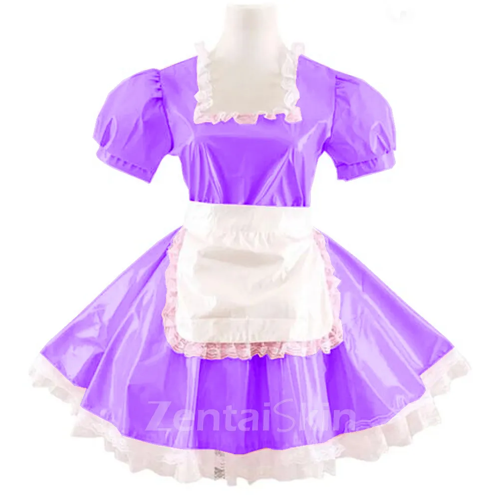 Second Skin French Maid Dress Lace Square Neck Sissy Wetlook PVC Lolita Dresses with Apron