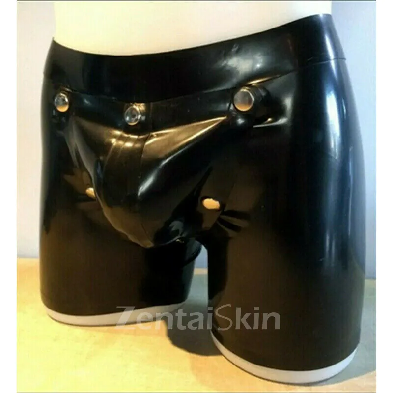 Second Skin Natural Latex Short Pants with Cod piece Crotch Hole Back Zipper