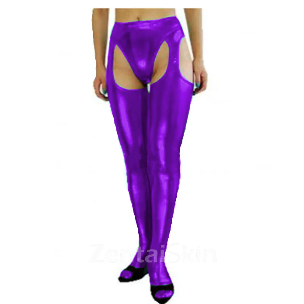 Second Skin Women Hollow Out Pants Wet Look Shiny Metallic Open Crotch Long Pants