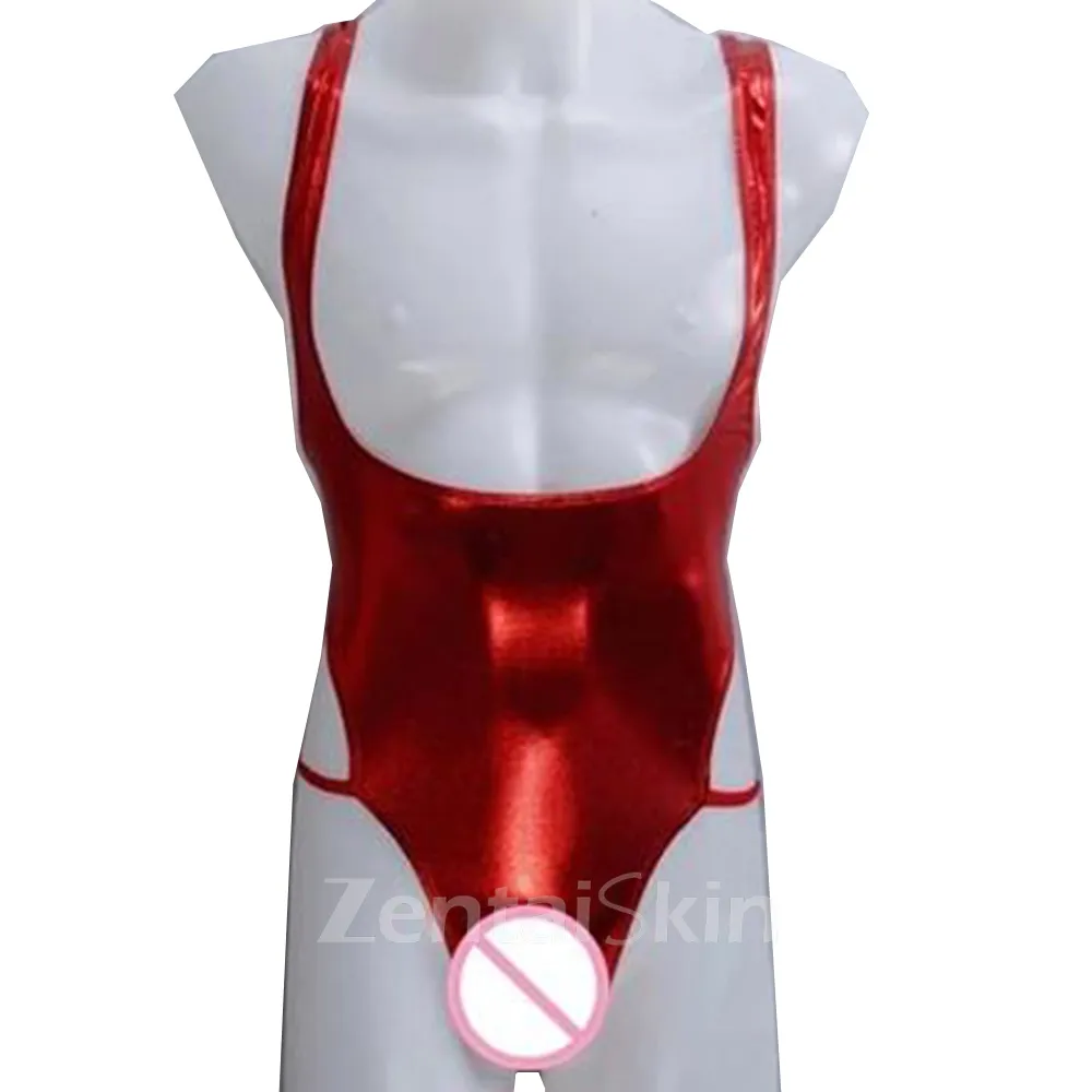 Second Skin Wet Look Shiny Metallic Dew Chest Backless Leotards Jumpsuit Men Hollow-out Outfit Suspenders Bodysuit