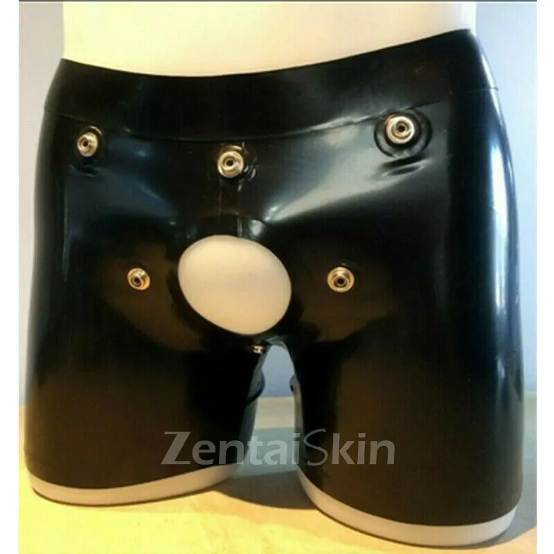 Second Skin Natural Latex Short Pants with Cod piece Crotch Hole Back Zipper