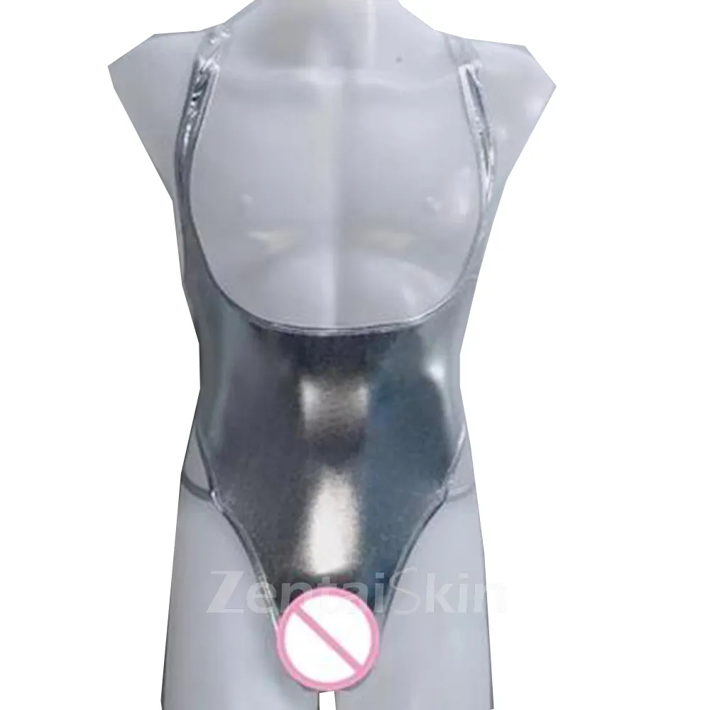 Second Skin Wet Look Shiny Metallic Dew Chest Backless Leotards Jumpsuit Men Hollow-out Outfit Suspenders Bodysuit