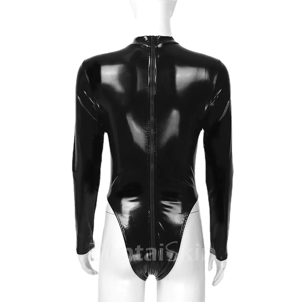 Second Skin Long Sleeveless Open Chest Stretch Bodycon Wetlook Leotard PVC Bodysuit