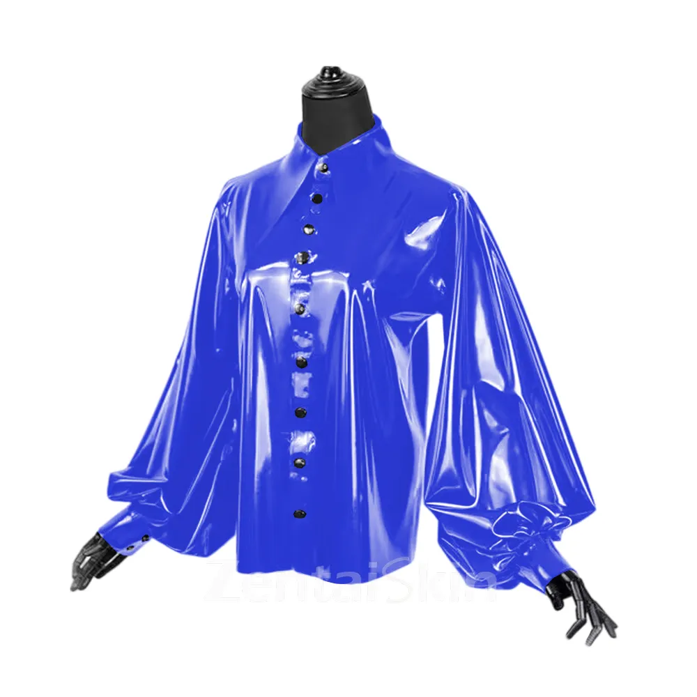 Second Skin Women Lapel Collar Blouse Wet Look Shiny Wetlook PVC Front Button Shirt Loose Puff Sleeve Shirts