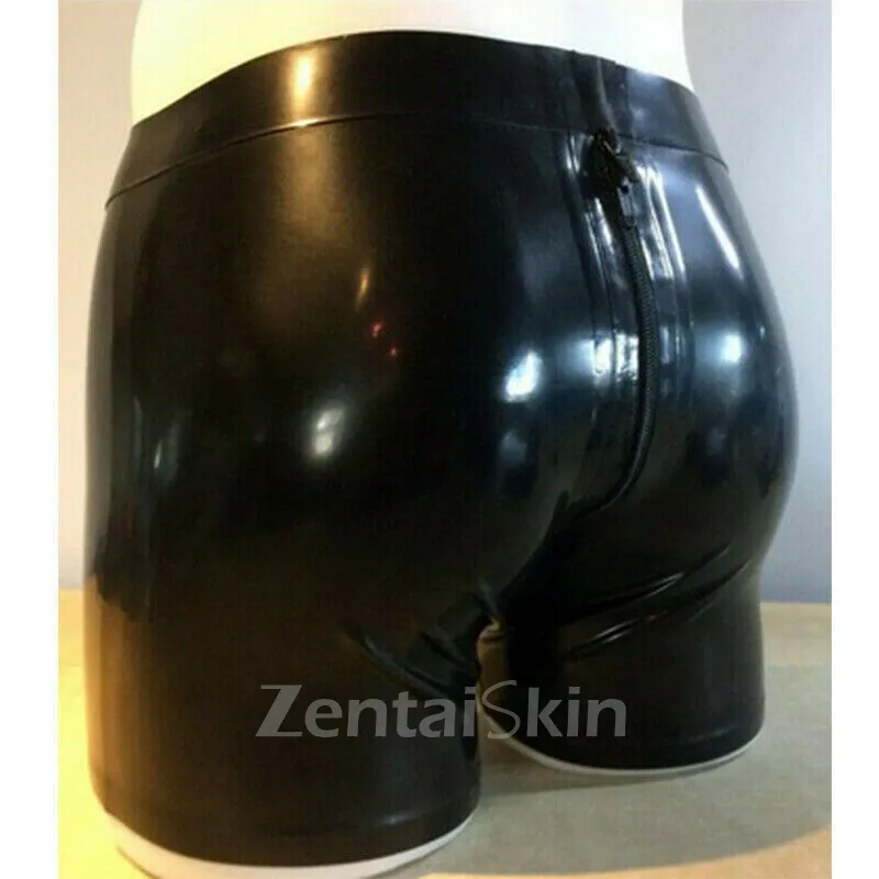 Second Skin Natural Latex Short Pants with Cod piece Crotch Hole Back Zipper