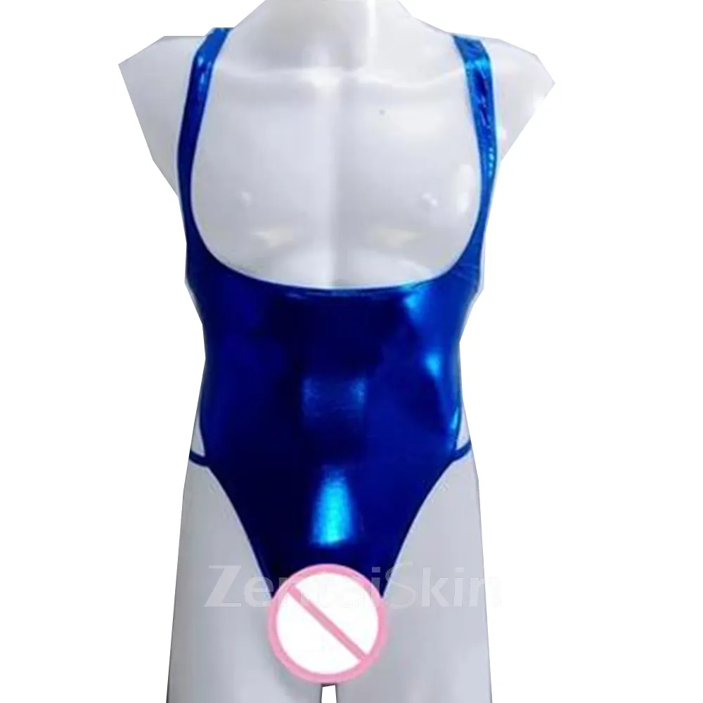 Second Skin Wet Look Shiny Metallic Dew Chest Backless Leotards Jumpsuit Men Hollow-out Outfit Suspenders Bodysuit