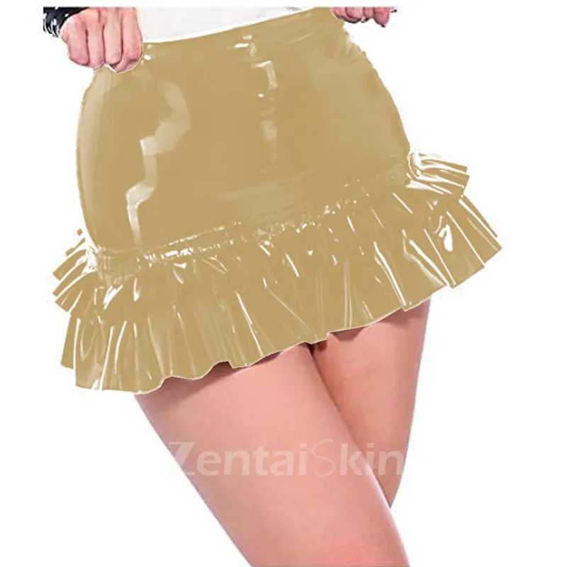Second Skin Women Wetlook PVC Mini Skirt Wet Look A-line Skater Ruffle Skirt Summer Pleated Short Skirt
