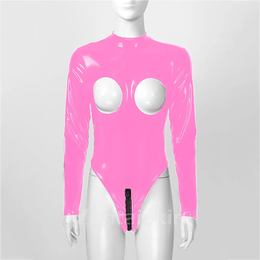 Second Skin Long Sleeveless Open Chest Stretch Bodycon Wetlook Leotard PVC Bodysuit