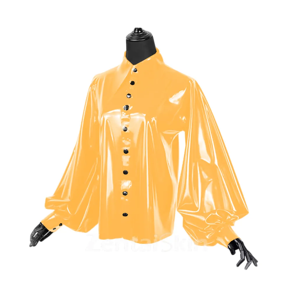 Second Skin Women Lapel Collar Blouse Wet Look Shiny Wetlook PVC Front Button Shirt Loose Puff Sleeve Shirts