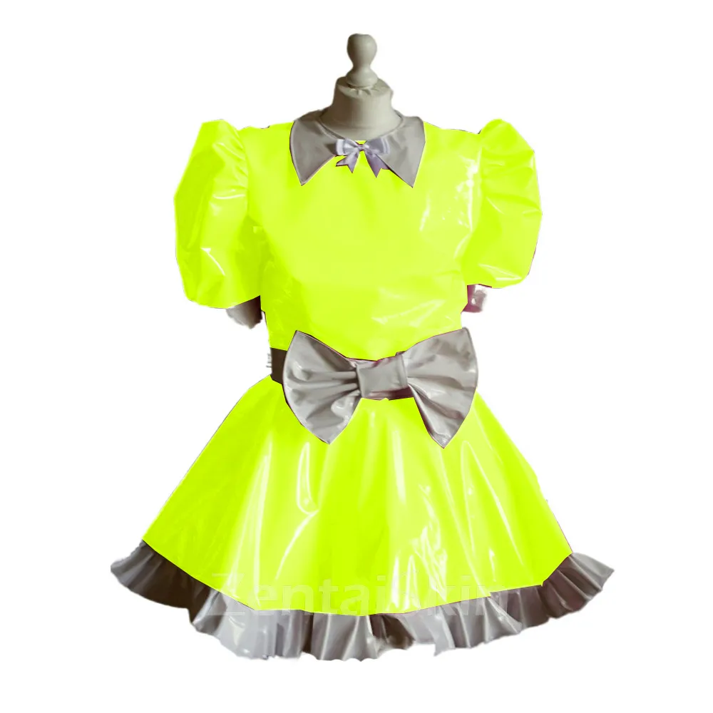 Second Skin Maid Puff Short Sleeve Dress White Bowknot Uniform Wetlook PVC Patchwork Dress
