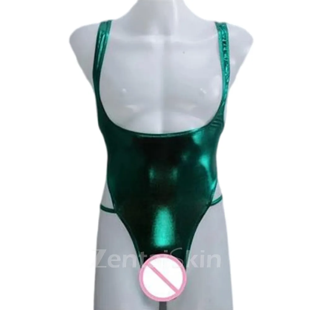 Second Skin Wet Look Shiny Metallic Dew Chest Backless Leotards Jumpsuit Men Hollow-out Outfit Suspenders Bodysuit