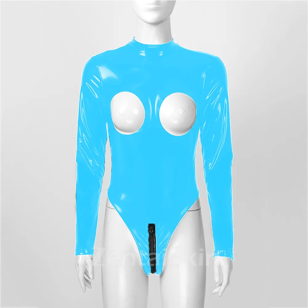 Second Skin Long Sleeveless Open Chest Stretch Bodycon Wetlook Leotard PVC Bodysuit