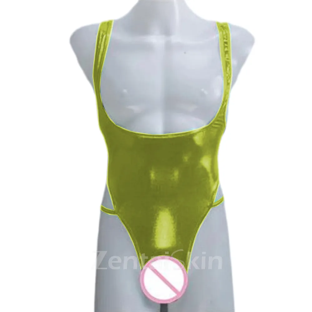 Second Skin Wet Look Shiny Metallic Dew Chest Backless Leotards Jumpsuit Men Hollow-out Outfit Suspenders Bodysuit