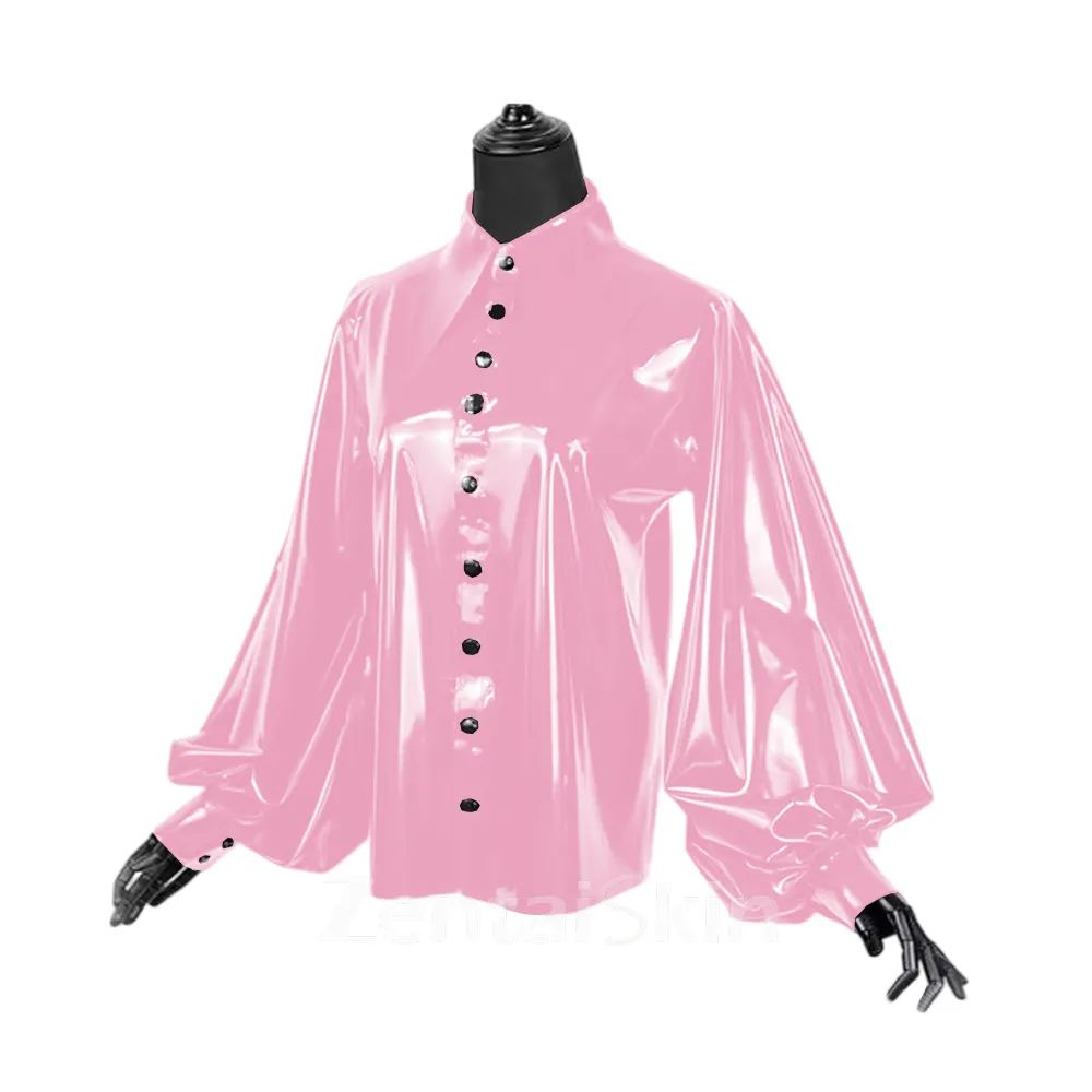Second Skin Women Lapel Collar Blouse Wet Look Shiny Wetlook PVC Front Button Shirt Loose Puff Sleeve Shirts