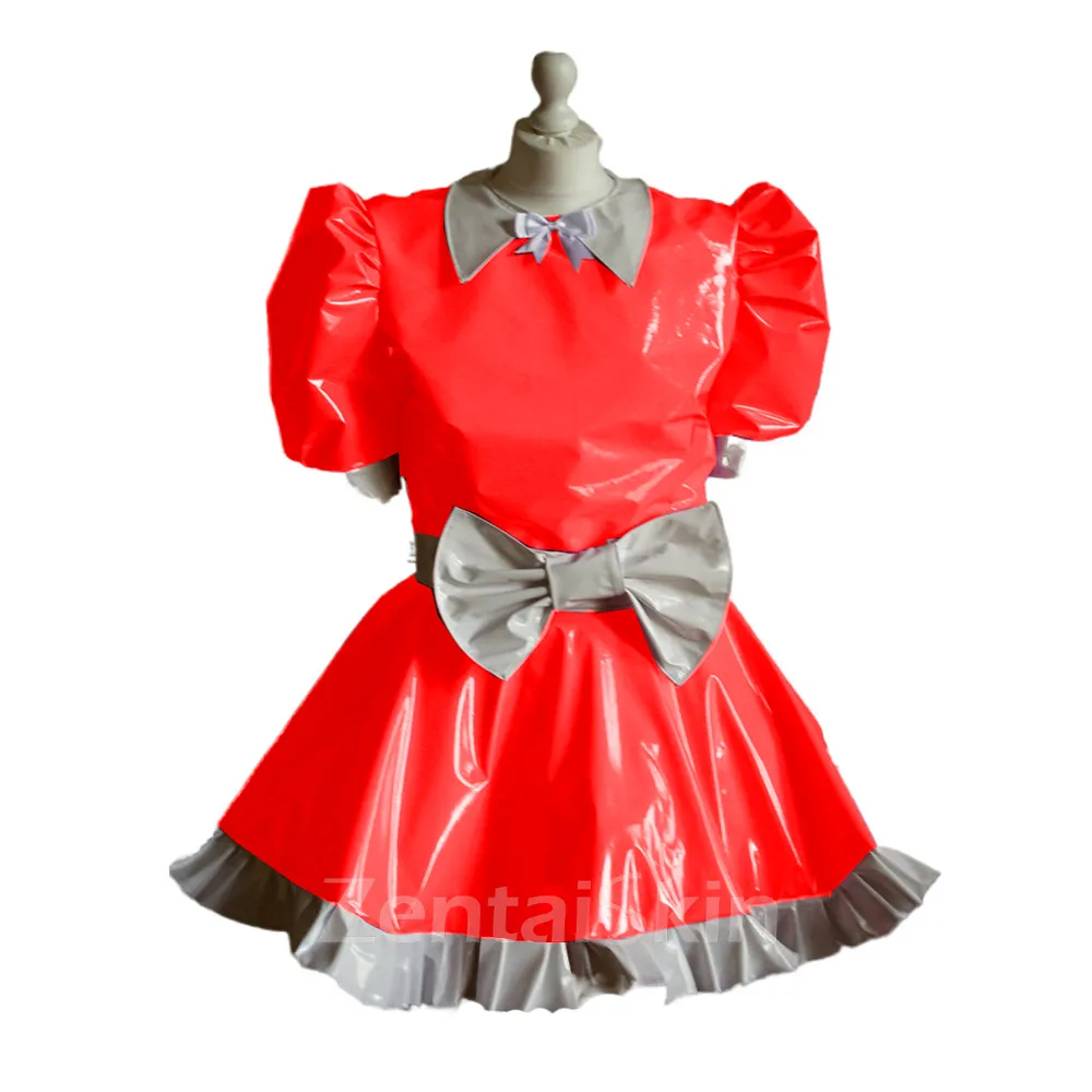 Second Skin Maid Puff Short Sleeve Dress White Bowknot Uniform Wetlook PVC Patchwork Dress