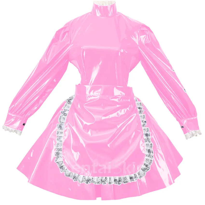 Second Skin Wetlook PVC Mini Dress Lockable Lantern Sleeve French Maid Dress with Apron
