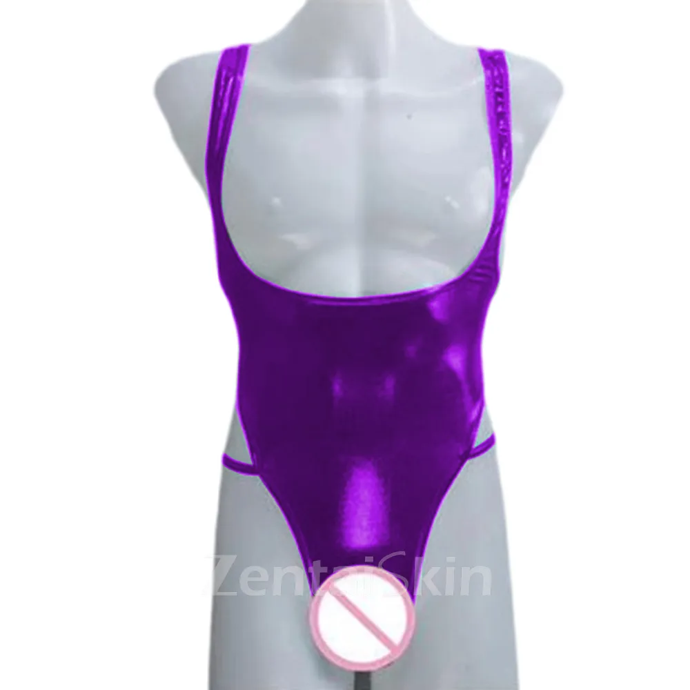 Second Skin Wet Look Shiny Metallic Dew Chest Backless Leotards Jumpsuit Men Hollow-out Outfit Suspenders Bodysuit