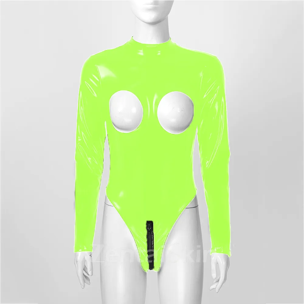 Second Skin Long Sleeveless Open Chest Stretch Bodycon Wetlook Leotard PVC Bodysuit