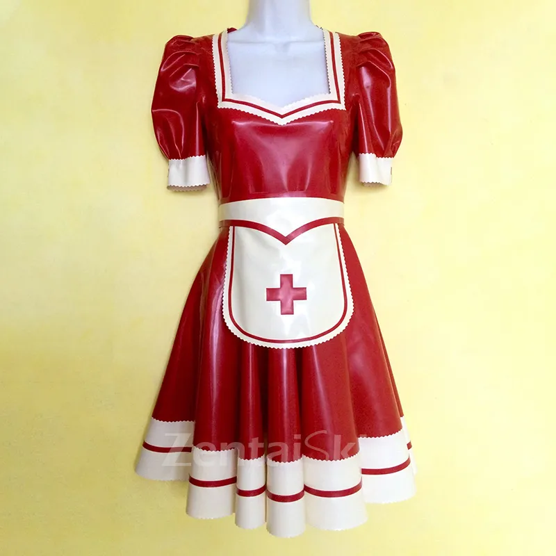 Second Skin Red Short Sleeve Natural Latex Dress Nurse Cosplay with Apron