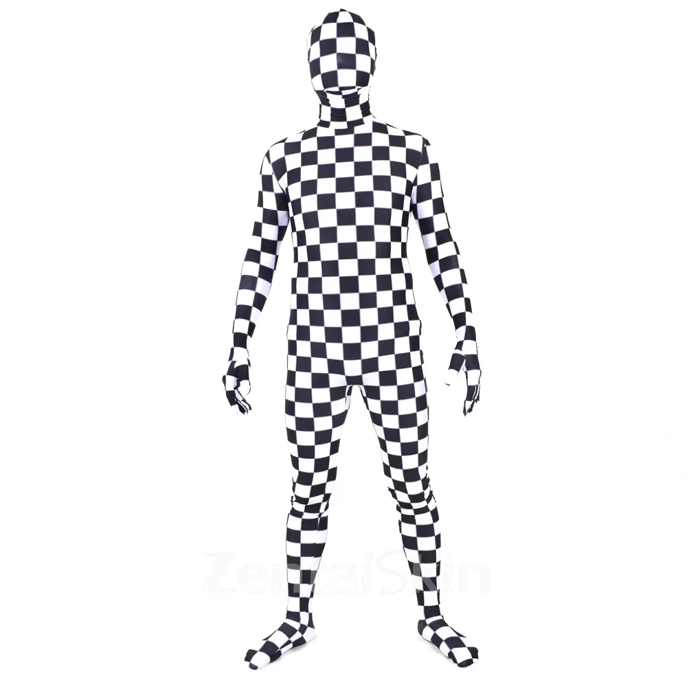 Black White Plaid Cosplay Second Skin Full Body Skinsuit Spandex Catsuit Zentai Unitard