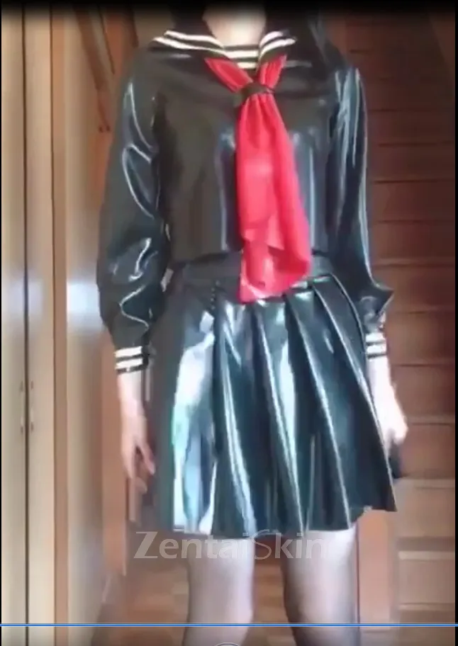 Second Skin Black Natural Latex Clothing School Uniform Top and Skirt