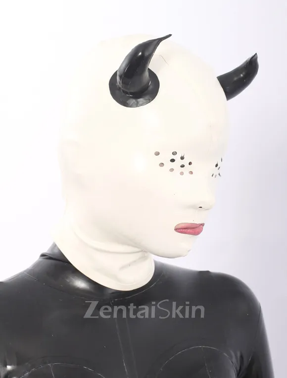Second Skin Nature Latex Head Cover White Devil Pattern Mask Latex Hood