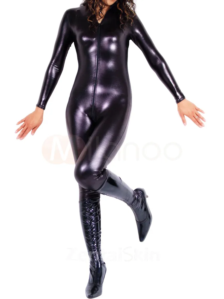 Front Zipper Second Skin Full Body Black Wet Look Zentai Shiny Metallic Catsuit