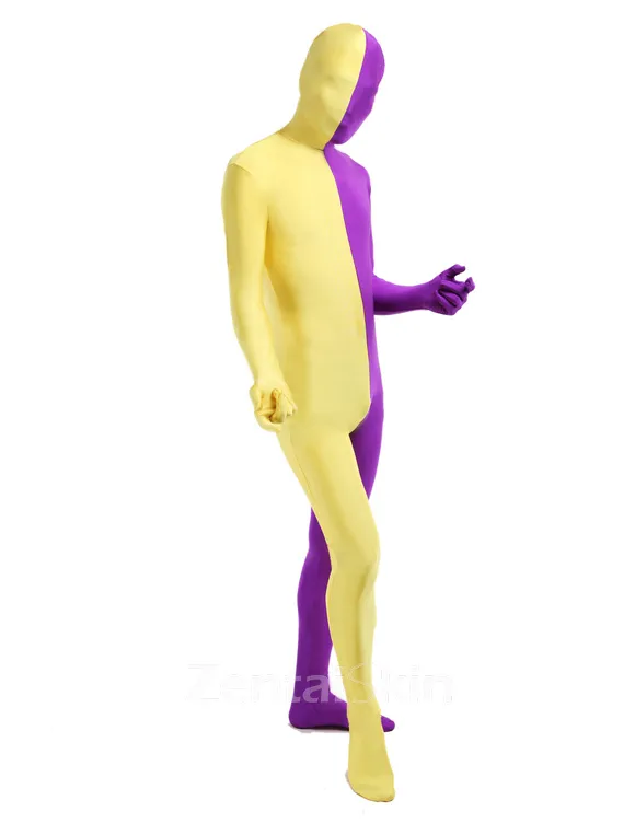 Purple Yellow Split Second Skin Full Body Lycra Spandex Zentai Catsuit Skinsuit