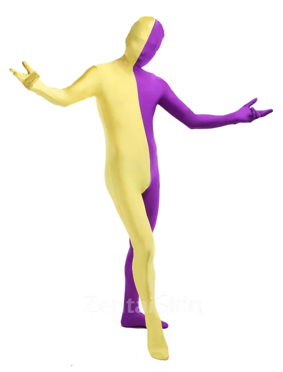 Purple Yellow Split Second Skin Full Body Lycra Spandex Zentai Catsuit Skinsuit