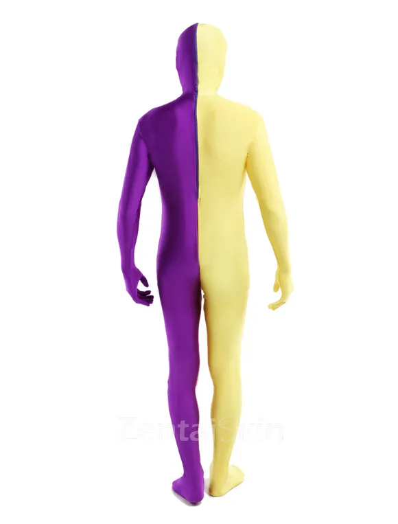 Purple Yellow Split Second Skin Full Body Lycra Spandex Zentai Catsuit Skinsuit