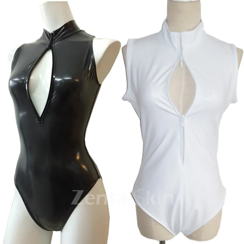 Second Skin Solid Color Women Simple Fashion Bodysuit Wet Look Leotard Shiny Metallic Bodysuit
