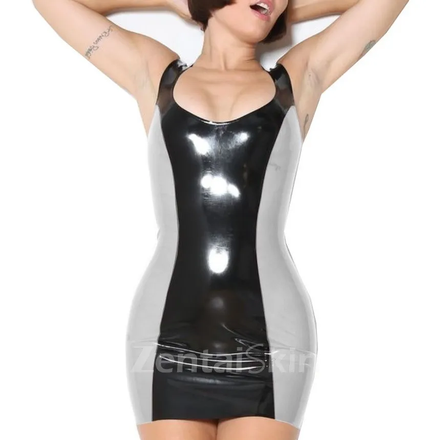 Second Skin Women Wetlook PVC Bodycon Dresses Colorblock Sleeveless Slim Mini Dress