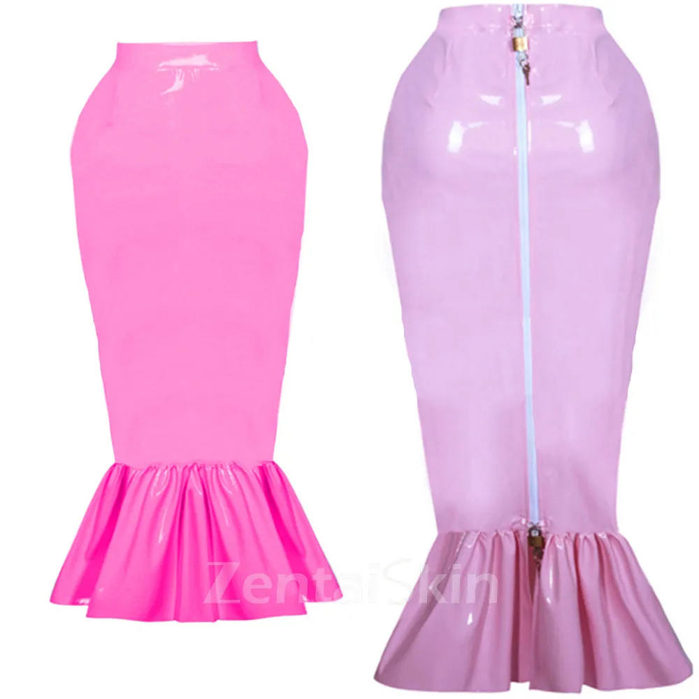 Second Skin Women Ruffles Slim Mermaid Skirts Wild Trumpet Skirt Wetlook PVC Mid-length Wrap Hip Skirts