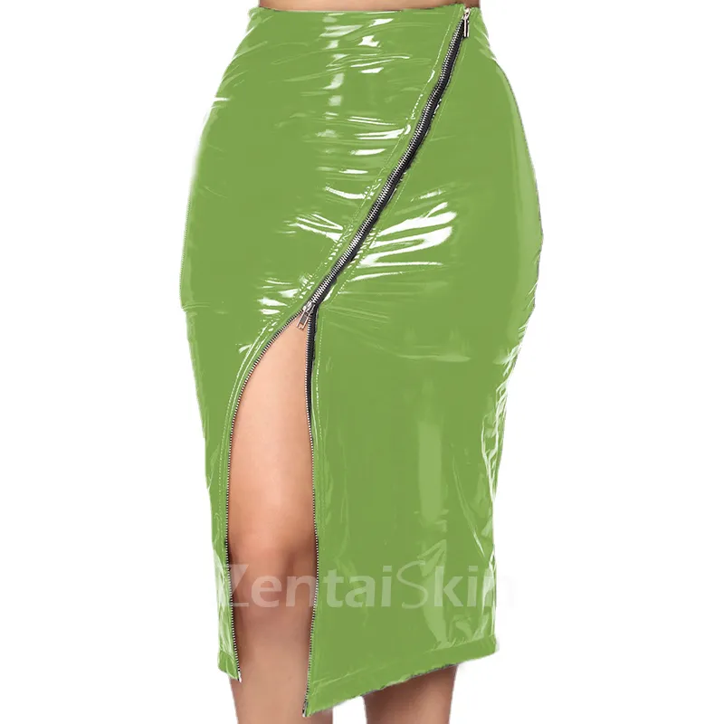 Second Skin Full Zip Wetlook PVC Pencil Skirt Slim High Waist Skirts