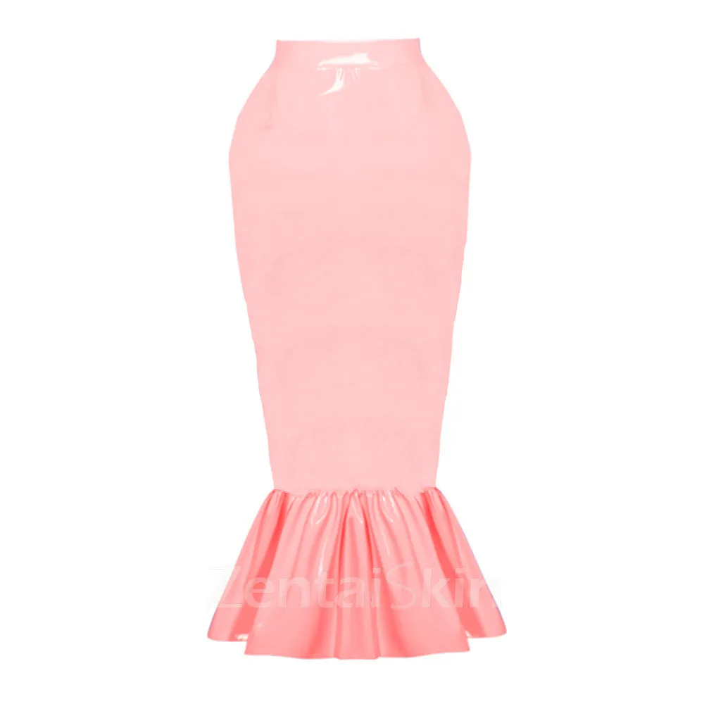 Second Skin Women Ruffles Slim Mermaid Skirts Wild Trumpet Skirt Wetlook PVC Mid-length Wrap Hip Skirts